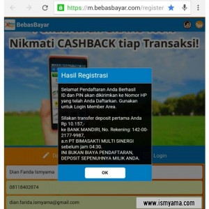 Keterangan setelah registrasi di BebasBayar, via email dan sms juga dapat